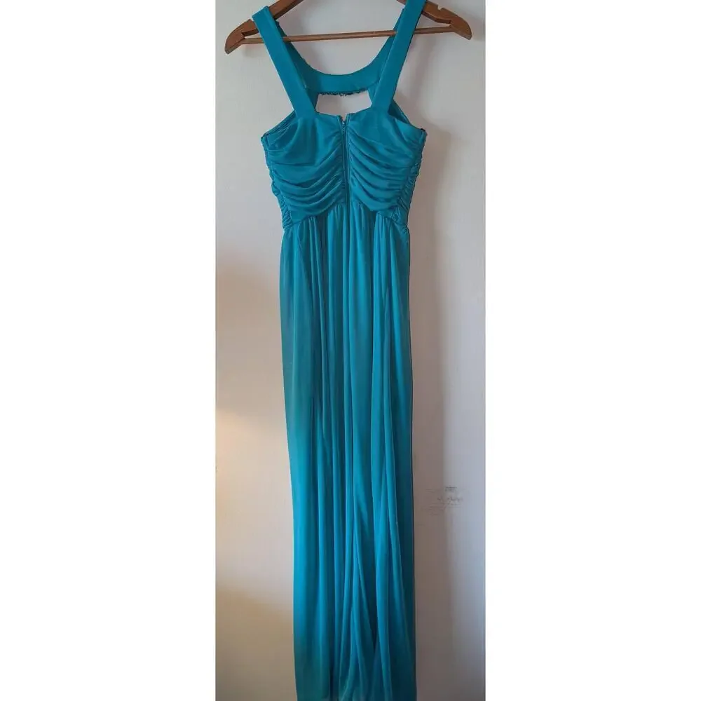 City Studio Dress Womens Size 1 Teal Maxi Gown Beaded Neck Empire Waist - Picture 3 of 5